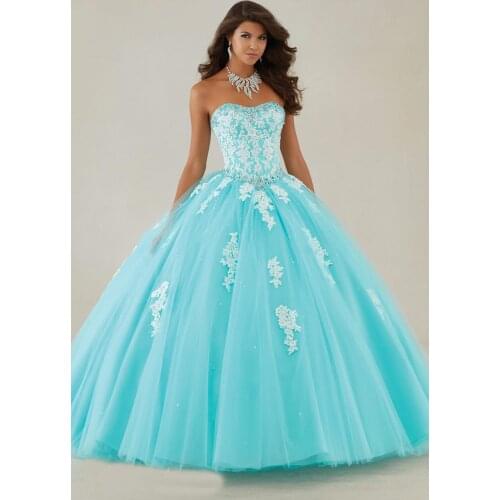 2022 Blue Appliques Strapless Ball Gown Prom Dresses Backless Lace-up Tulle Princess Dress Elegant Floor-Length Evening Gowns