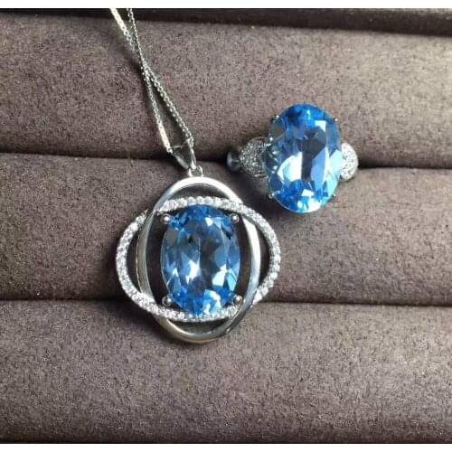 Natural blue topaz gem Ring Pendant Natural Gemstone Jewelry Set 925 Silver Fashion Elegant round surround Women Necklace Ring