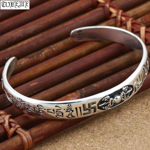 100% 925 Silver Tibetan Six Words Proverb Bracelet Sterling Silver Buddhist Vajra Dorje Bangle Women Cuff Bracelet Unisex