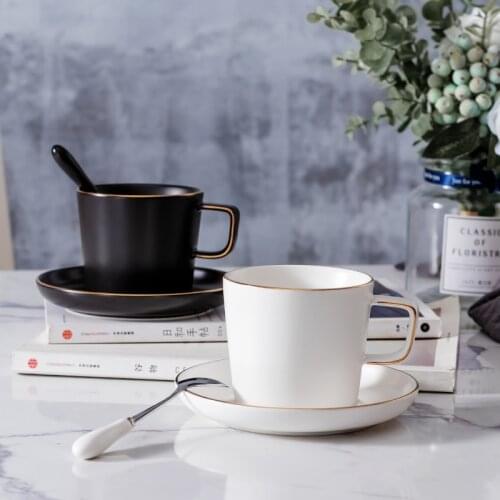 250ml Customized Logo Matte Black and White Cappuccino Cup and Saucer with Spoon Coffee Cup Saucer Set