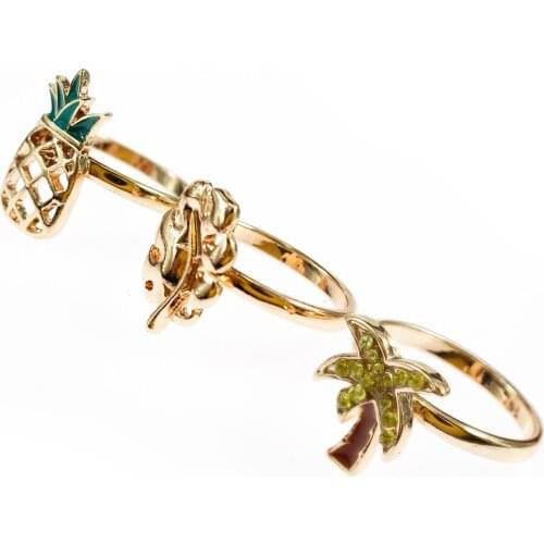 3 Pcs Gold Color Simple Fruit Pineapple Ring Set for Women Unique Design Summer Jewelry Coconut Tree leaf Rings Best Gift