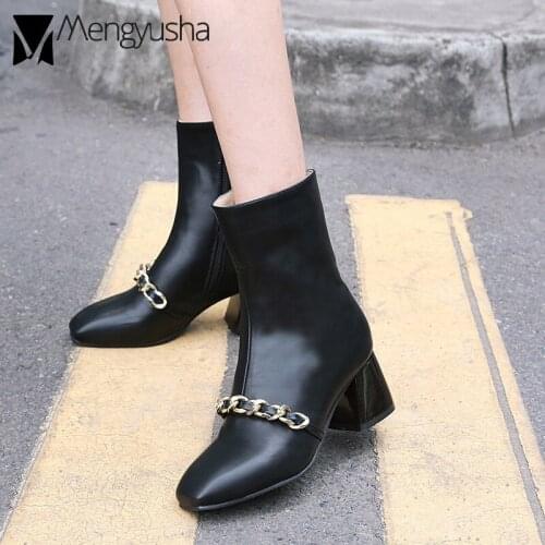Retro chain decorate roman boots women chunky heels cool motorcycle booties ladies short plush ankle boots winter platform shoes
