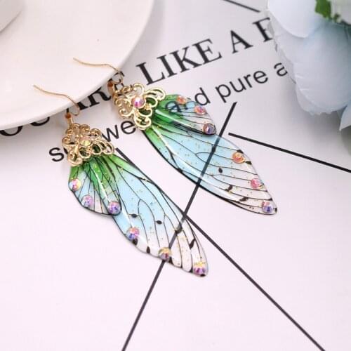 Colorful Neon Color Rhinestone Cicada Wings Earrings Trendy New Butterfly Gradient Pink Blue Sequins Long Earrings
