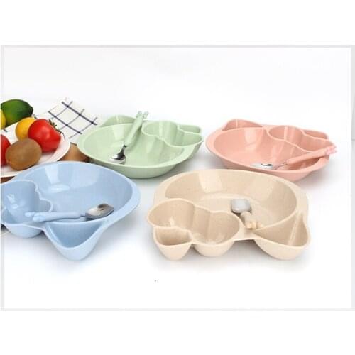 Childrens baby grid plate wheat straw tableware cat cartoon cute creative bowl spoon