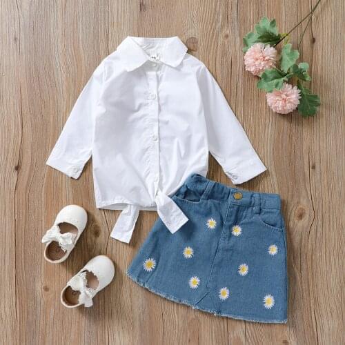 1-5Y Kids Girls Clothes Set Solid Color Long Sleeve Shirt and Daisy Denim Mini Skirt 2Pcs Spring Autumn Outfits Children Clothes