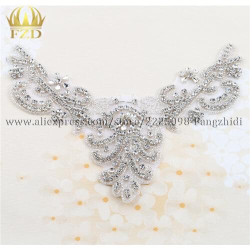 FANGZHIDI 1 Piece Handmade Hot Fix Sewing Beaded Rhinestone Crystal Bridal Dress Applique for Wedding Dress Neckline decoration