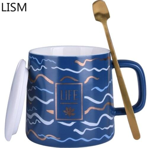 Ceramic Breakfast Coffee Cup with Cover Spoon Coffee Mug Friends Cup Plain Coffee Mug Nordic Vintage Ceramic Coffee Mug Tumbler