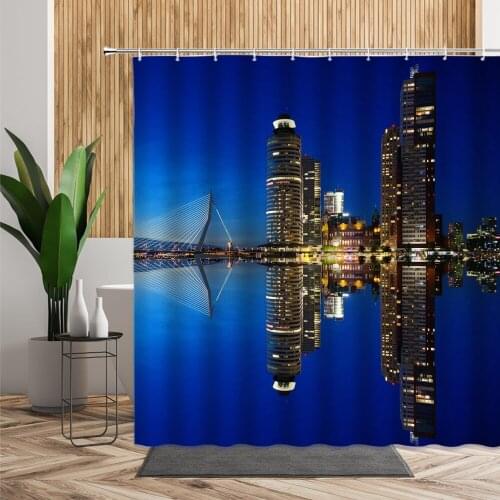 Beautiful City Night View Shower Curtains Ferris Wheel Sea Scenery Home Decoration Background Waterproof Bath Curtain With Hooks