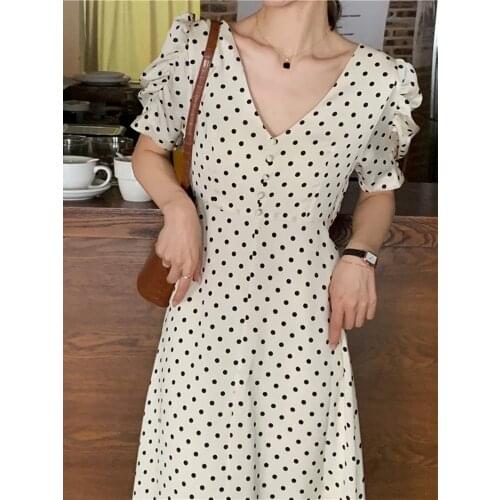 Summer Retro Women Dot Print Midi Elegant Puff Sleeve Dresses French Style Clothes Vestidos