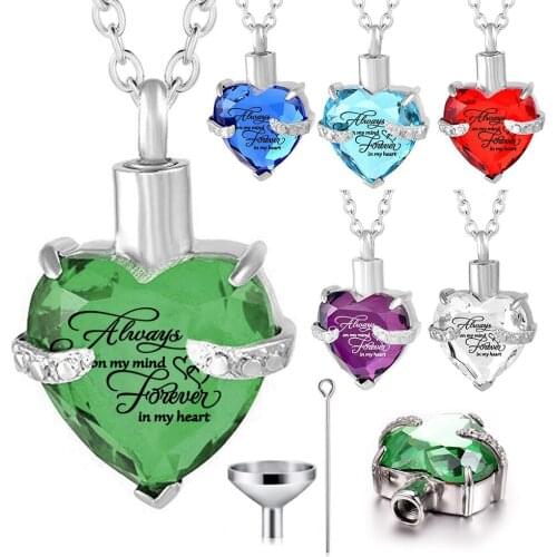 Memorial Cremation Urn Keepsake Ash Holder Charm Love Heart Birthstone Pendant Necklace for Ashe for Men Women w/Funnel Kit