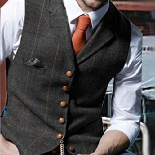 Mens Suit Vest Notched Plaid Wool Herringbone Tweed Waistcoat Casual Formal Business Groomman For Wedding Green/Black/Green/Grey