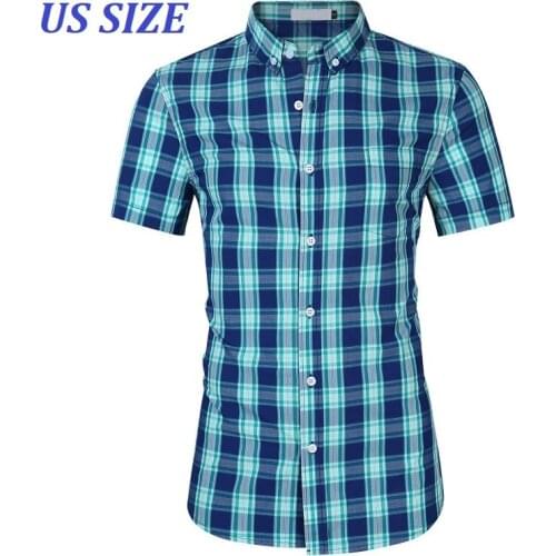 US Size 100% Cotton Mens Shirts Short Sleeve Plaid Shirt Men Social Business Dress Shirts Camisa Masculin Chemise Homme TS-515
