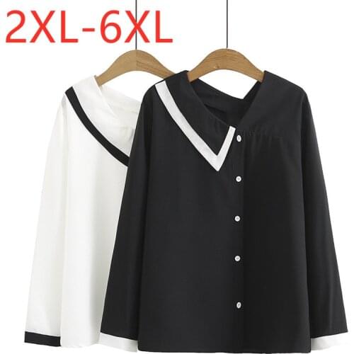 New 2021 Ladies Spring Autumn Plus Size Tops For Women Large Long Sleeve Loose Button Black Skew Collar Shirt 3XL 4XL 5XL 6XL