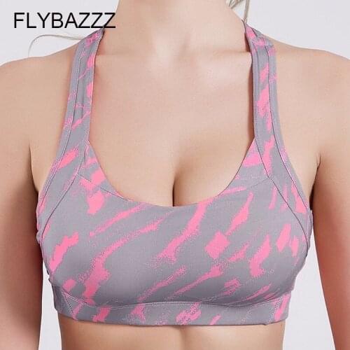 New Women Sexy Print Cross Design Sports Bra Push Up Shockproof Vest Top with Padding for Running Gym Fitness Jogging Yoga Shirt