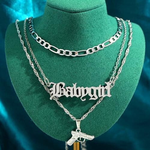 JUST FEEL Multilayer Women Vintage Babygirl letter Pendant Necklace Silver Color Pistol Choker Necklace Sets Jewelry Party Gift