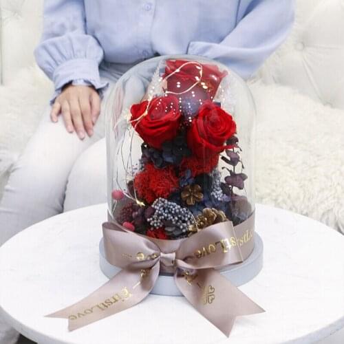 New Year Valentine Christmas Gif Good Home Decoration Eternal Rose Artificial Flower Gift Box With Dome Glass Case