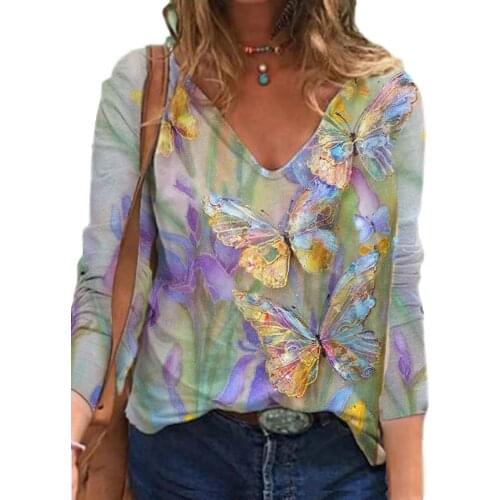 Spring Autumn White T-Shirt 2021 Casual Butterfly Print Pattern V-Neck Long-Sleeved Tees Shirts Street Women Clothing Plus Size