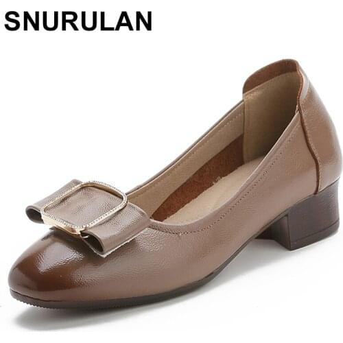 SNURULAN Spring Summer Vintage Genuine Leather Low Heel Pumps Women Shoes 2020 Round Toe Shallow Square Buckle Office Shoes Wome