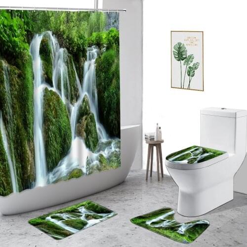 Waterfall Scenery Shower Curtains Green Jungle Moss Natural Landscape Bathroom Decor Curtain Set Non-Slip Bath Mat Toilet Cover