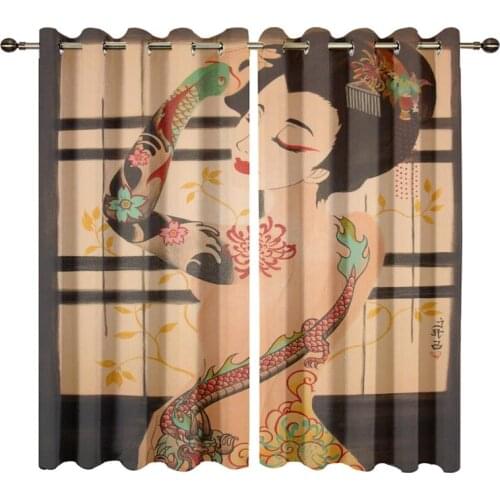 Custom Windows Curtains with Anti-rust Metal Grommets for Living Room Japan Ukiyoe Printed Drapes for Bedroom Home Decor