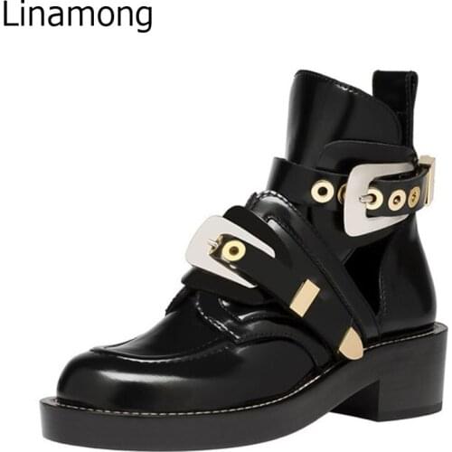 Ladies Belt Silver Gold Buckle Punk Motorcycle Boots Sequare Heels Fretwork Black Leather Ankle Boots Woman Short Martin Boots