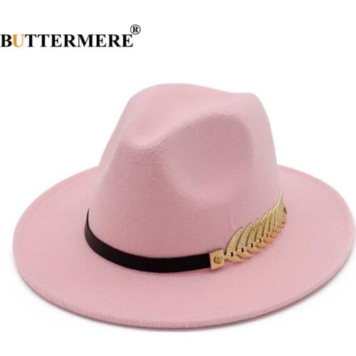 BUTTERMERE Fedora Hat Pink Ladies Elegant Winter Women Wool Hat Felt Leaf Large Brim British Fedora Cap Vintage Jazz Hat Bowler