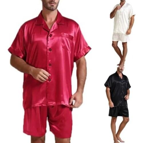 Plus Size Summer Fashion Men Silk Satin Pajamas Sets Soft Sleepwear Silk Short Sleeve Tops Short Men Pajama Homewear Suits M-3XL