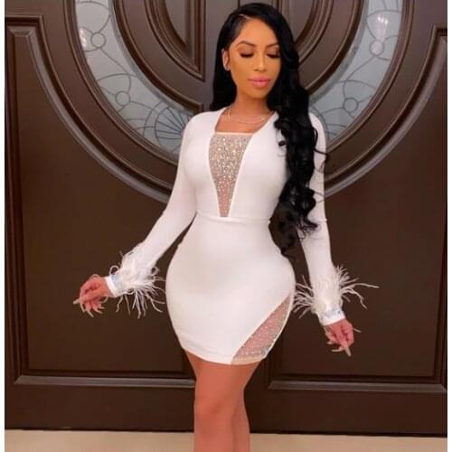 Women Summer Sexy Long Sleeve Diamonds Crystal Feather White Mini Bodycon Bandage Dress 2021 Elegant Evening Party Club Dress
