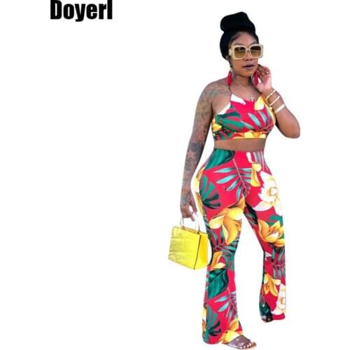 Two Piece Set Top and Pants Women 2020 Summer Floral Print Crop Top and Wide Leg Pant Set Sexy Party Beach Two Piece Outfits