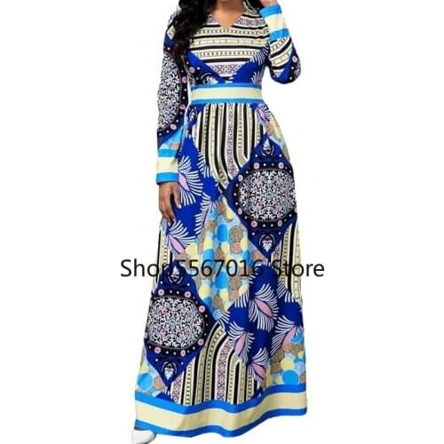 Spring Summer Dress Women 2020 Casual Plus Size Slim Vintage Print Ball Gown Maxi Dresses Elegant Sexy V Neck Long Party Dress