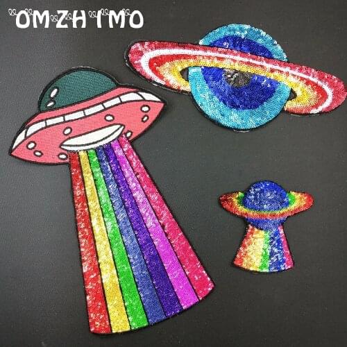 1 pc Clothing Planet Patches Flying Saucer Sew Iron On Embroidery Sequins Patch Applique For Clothing Badge Bag Hat DIY Apparel