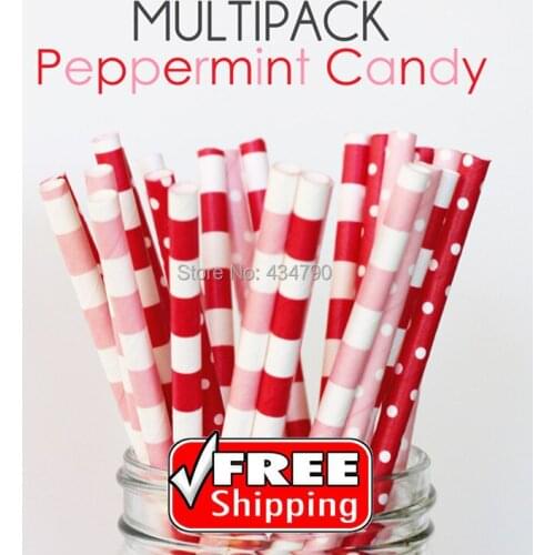 200pcs Mixed 4 Designs PEPPERMINT CANDY Retro Paper Drinking Straws, Baby Pink and Red Sailor Stripe, Swiss Dot, Party Supplies