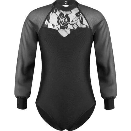 2021 Kids Girsl One-piece Mesh Ballet Leotard Long Sleeve Lace Embroidered Patchwork Ballerina Dancewear Gymnastics Bodysuit