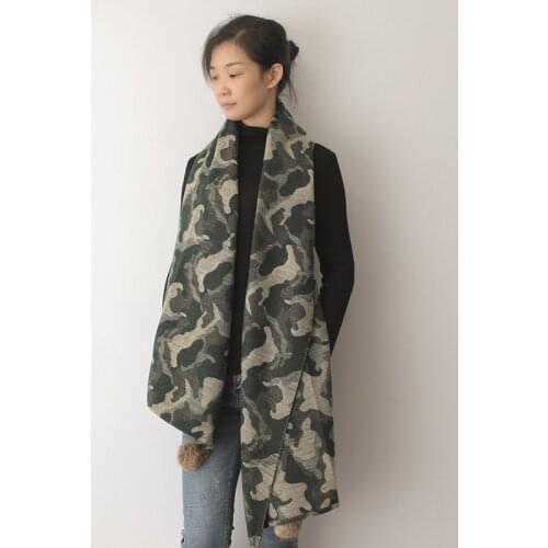 2021 women winter scarf camouflage cashmere scarves with rabbit fur pom pom shawls for lady wraps thick blanket foulard bufanda