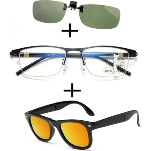 3Pcs!!! Progressive Far and Near Business Reading Glasses for Men Women + Polarized Sunglasses Alloy Squared + Sunglasses Clip