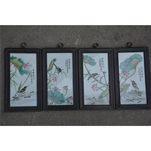 Antique QingDynasty Handmade porcelain brand painting,Lotus&kingfis,4 pieces/pack,Hand-painted crafts,best collection& adornment