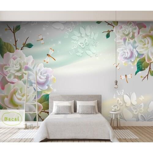 Bacal Custom Photo Wallpaper Mural 3D Flower Dragonfly Embossed Wall Decor Painting papel de parede 5D wall papers home decor
