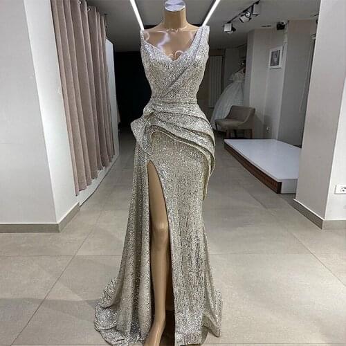 Shining Bling Sequined Silver Color High Split Mermaid Sweep Train Sexy Hot Prom Dresses Embellished with Ruffles