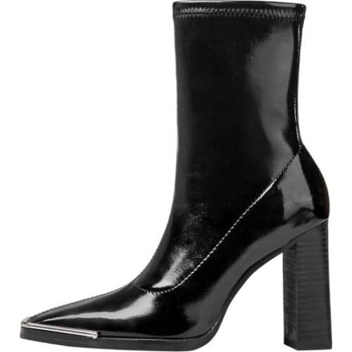 Zapatos De Mujer Fashion Square Metal Toe Thick high Heels Black Patent Leather Ankle Boots For Woman Female Autumn Winter