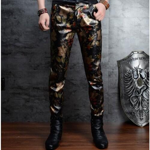 Printing faux leather pants mens feet pants Camouflage Floral fashion motorcycle pu trousers for men personality pantalon homme