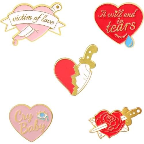 Victim of Love Enamel Pins Cry Baby Heart Rose Dagger Tears Brooches Bag Lapel Badge Cartoon Pink Heart Jewelry For Friends Kids