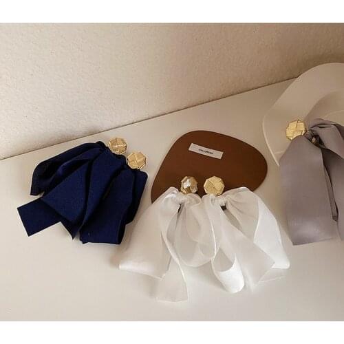 French Exaggerated Cloth Bowknot Earrings for Women Elegant White Navy Blue Grey Ribbon Big Cross Knotted Drop Earrings Brincos