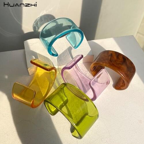 HZ 2021 Colorful Acrylic Resin Geometric Simple Open Bracelet Wide Version Transparent Bangle for Women Girls Jewelry Gift