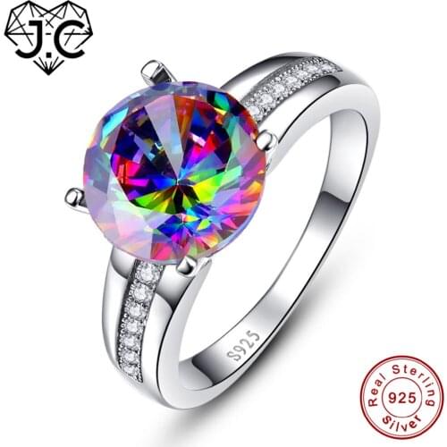 J.C Round Cut Fine Jewelry Rainbow Fire Mystic Topaz Ruby White Topaz 100% 925 Sterling Silver Ring Size 6 7 8 9 Christmas Gifts