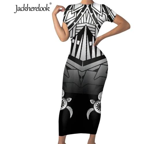 Jackherelook Gradient Black Sea Turtle Tribal Polynesian Print Elegant Midi Pencil Dress Short Sleeve Sexy Tunic Bodycon Dresses