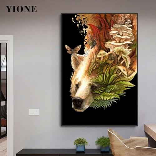 Ancient Animals Plant Art Canvas Painting Bear Deer Butterfly Mushroom Leaves Posters and Prints Wall Pictures for Living Room