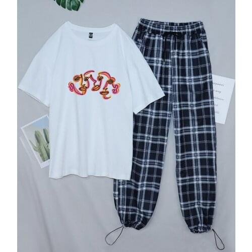 Brief Sets Two Piece Suit Women Plaid Pants Women Wide Leg Loose Trousers for Women Ensemble Femme Aesthetic Art Printed T-shirt