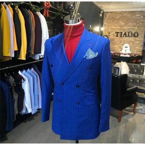 Royal Blue Striped Mens Suits 2 Pieces Groom Best Man Pants Suit Business Wedding Tailored Blazer Jacket (Jacket+Pants)