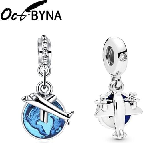 Octbyan Silver Color Propeller Aircraft Beads&Travel World Aircraft Enamel Charm Pendant Fits Pandora Necklace Bracelet Making