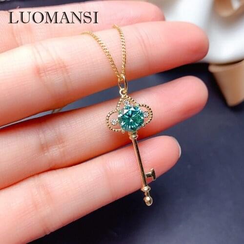 Luomansi 1CT 6.5MM Green Moissanite Key Necklace Passed the Diamond Test S925 Silver Jewelry Party Valentines Birthday Gift